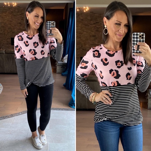 🎉HP🎉 Boutique Leopard & Stripe LS Top 💗 Black & Pink - Picture 7 of 14